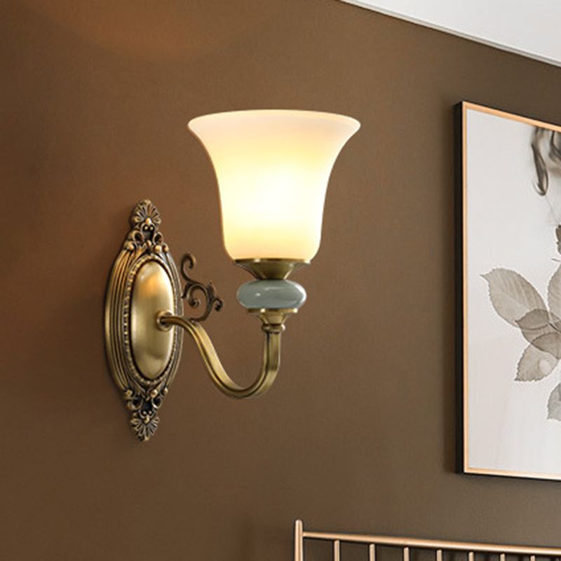 1/2-Bulb Frosted Glass Wall Mount Lamp Vintage Brass Finish Bell Bedside Up Wall Lighting Idea