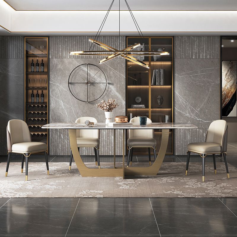 Minimalist Style Sintered Stone Dining Table with Rectangle Shape Fixed Table and Trestle Base