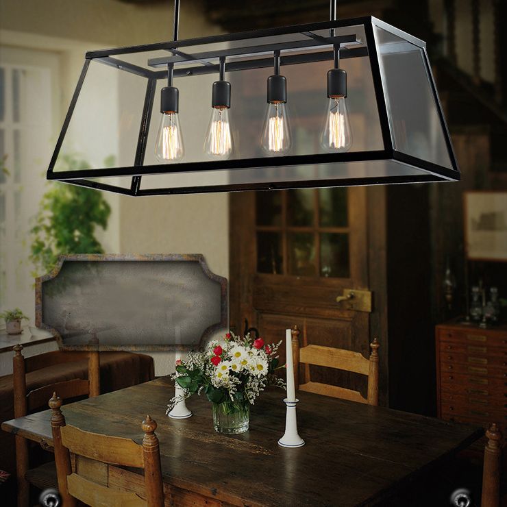 Rectangular Shape Pendant Lighting Modern Style Metal 4 Lights Hanging Lamp in Black