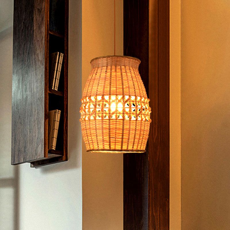 Bamboo Jar Shaped Pendulum Light Asian 1-Light Wood Woven Ceiling Hang Lamp Fixture