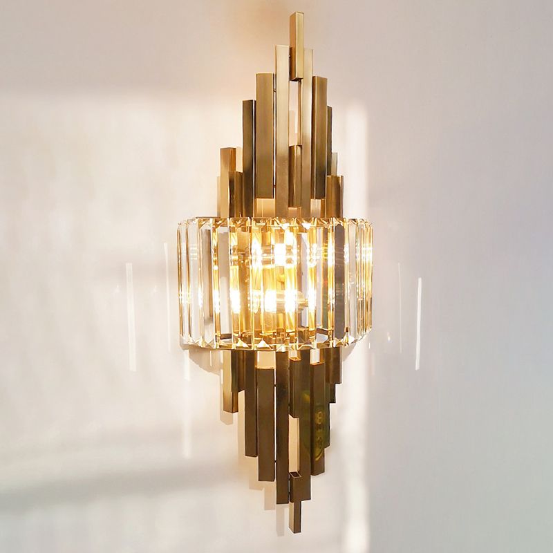Gold Geometric Wall Sconce in Modern Luxury Style Metal Wall Lamp with Crystal Shade