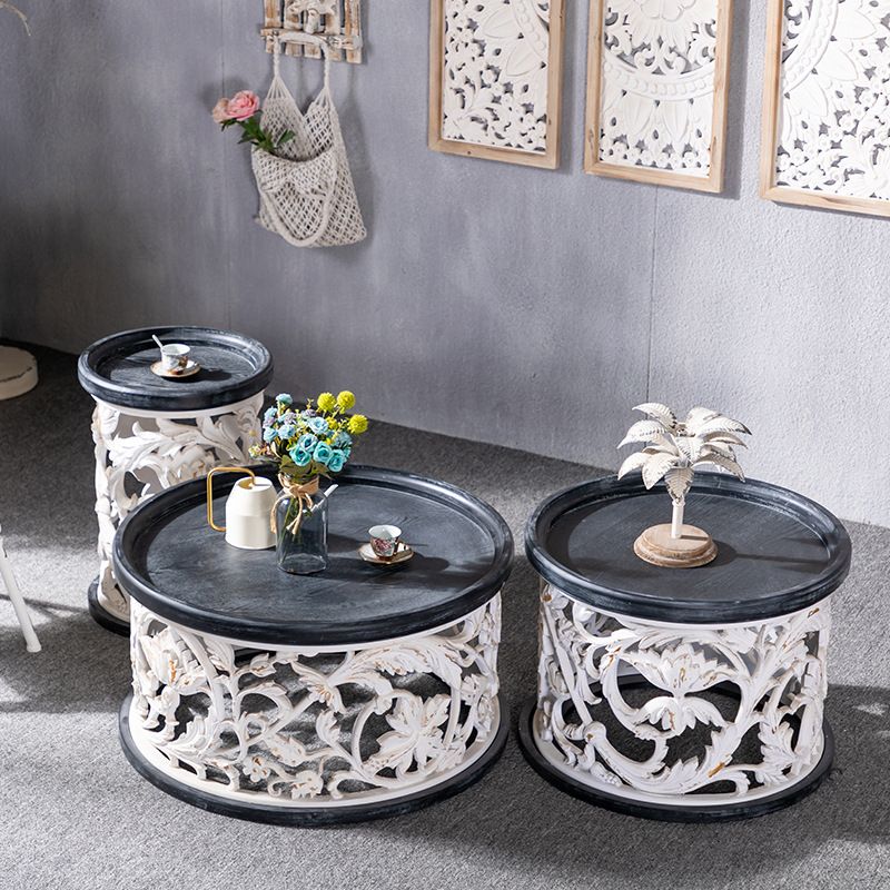Iron Drum End Table Round Wood Tray Top Side End Table - Distressed Surface Treatment