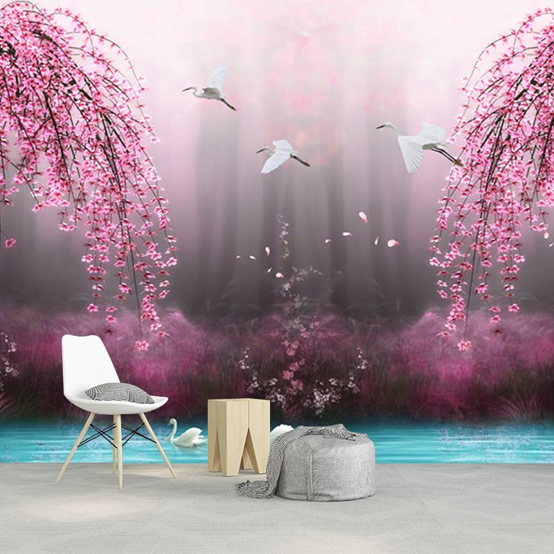 Beautiful Swan Lake Murals for Bedroom Cherry Blossom Wall Decor, Custom Size Available