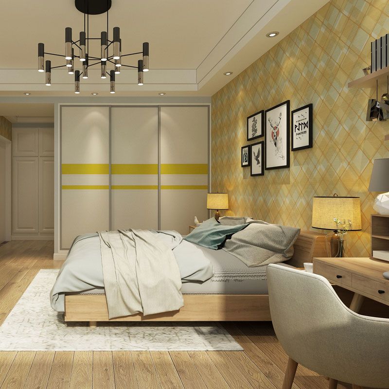 33' x 20.5" Simple Wallpaper Roll for Bathroom Decoration with Harlequin Pattern in White and Yellow