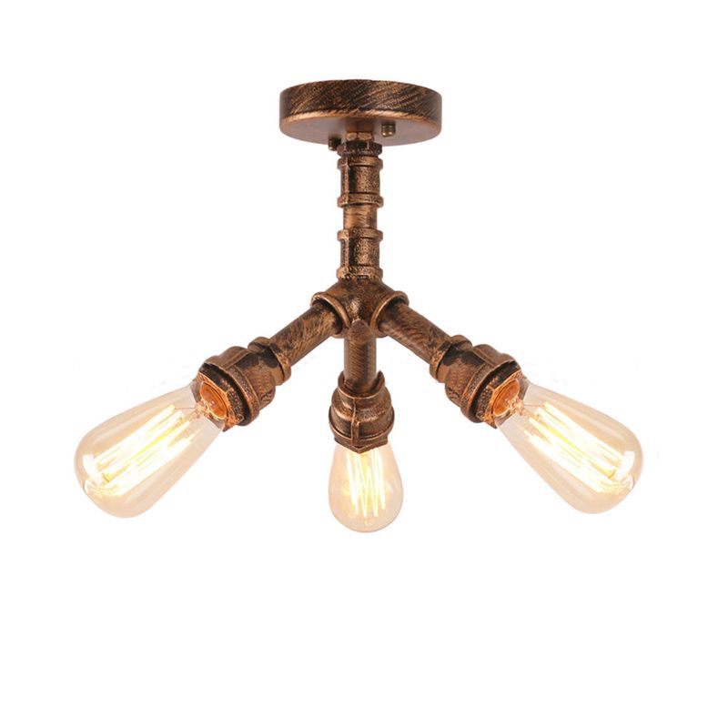 3-Light Ceiling Light with Pipe Metallic Shade Steampunk Living Room Semi Flush Light in Aged Bronze