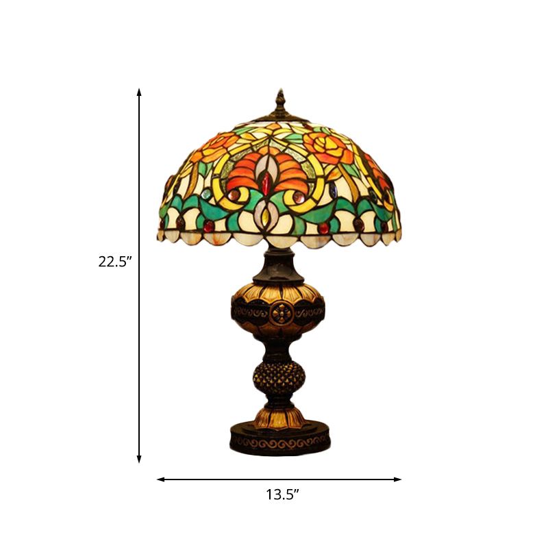 Flower Night Table Lighting 1 Head Stained Art Glass Victorian Bowl Desk Lamp in Beige/Orange with Oval Base
