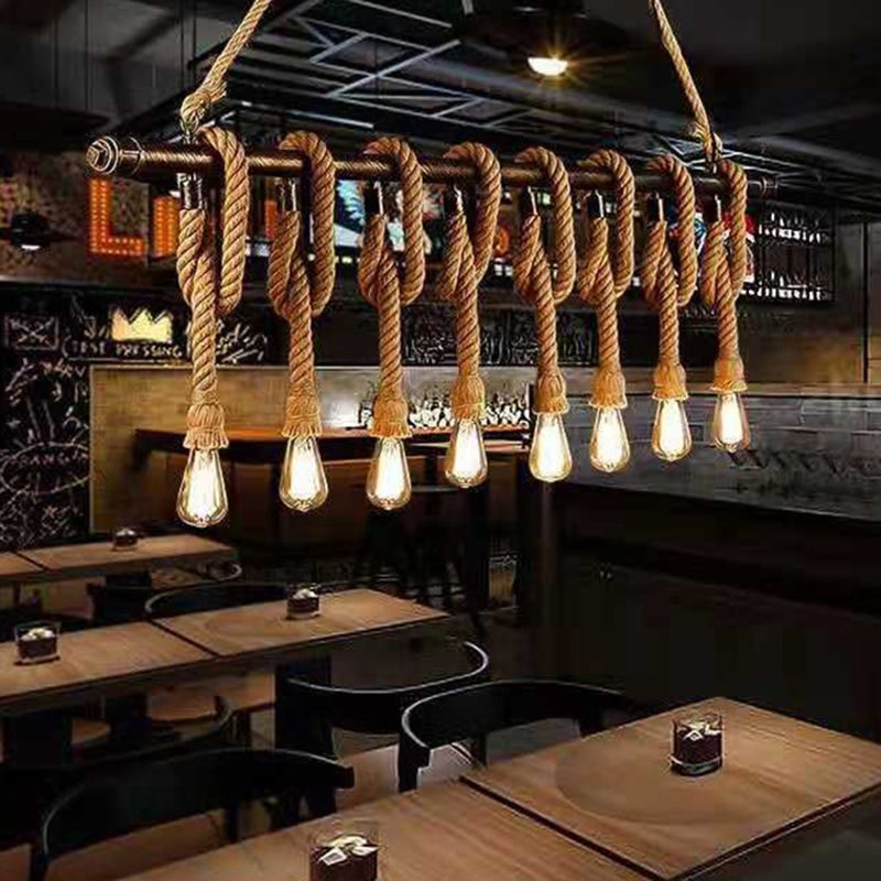 Linear Restaurant Island Pendant Light Retro Style Rope Beige Island Ceiling Light
