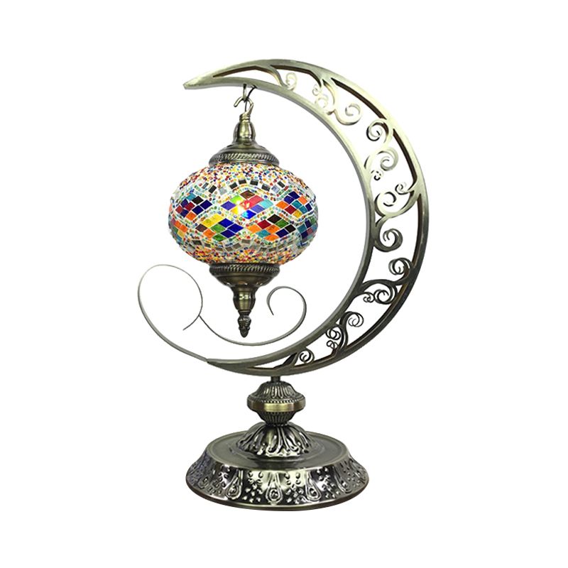 Global Bedroom Nightstand Lamp Decorative Stained Glass 1 Light White/Red/Pink Desk Light with Moon Design