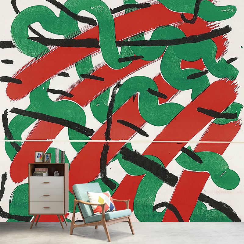 Artistry Interweaving Pattern Mural Red and Green Living Room Wall Decor, Made to Measure