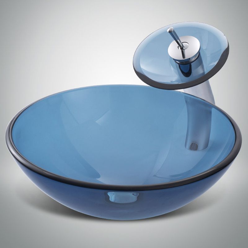 Modern Vessel Sink Oval Glass with Pop-Up Drain and Faucet Vessel Lavatory Sink