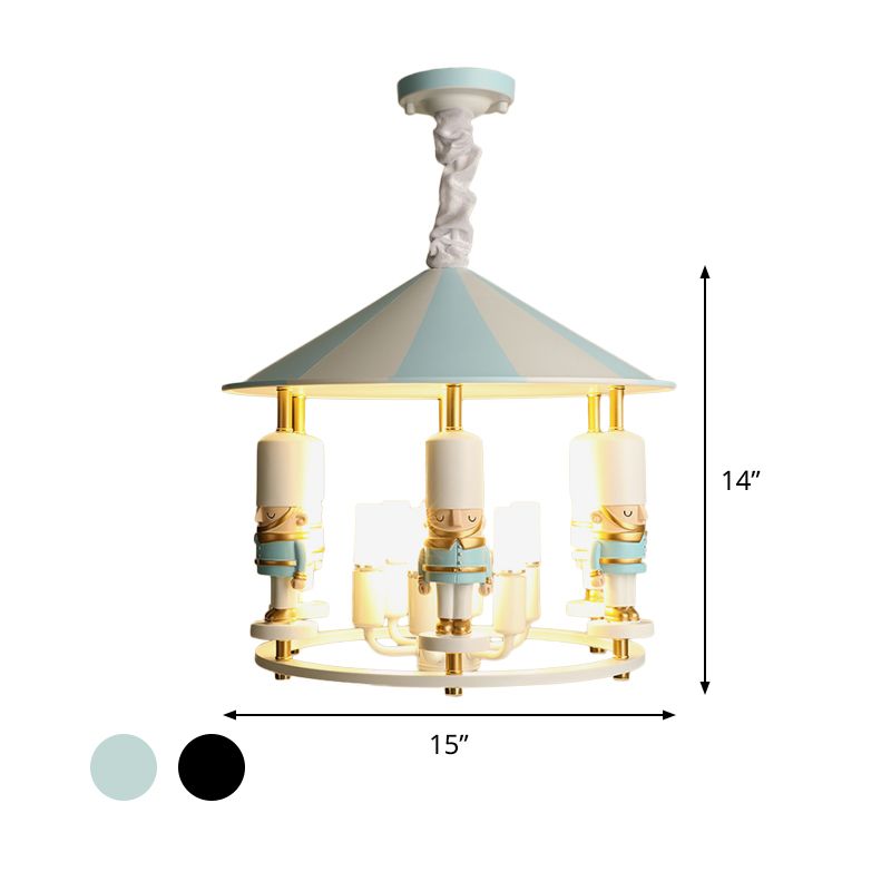Merry-Go-Round Soldier Chandelier Kids Style Resin 5-Head Black/Blue Hanging Light Fixture
