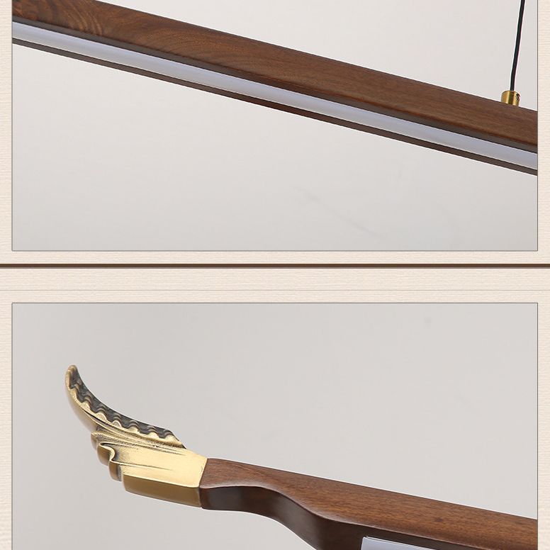 Minimalistic Linear Island Lighting Walnut Wood Tea Room LED Hanging Light in Dark Brown