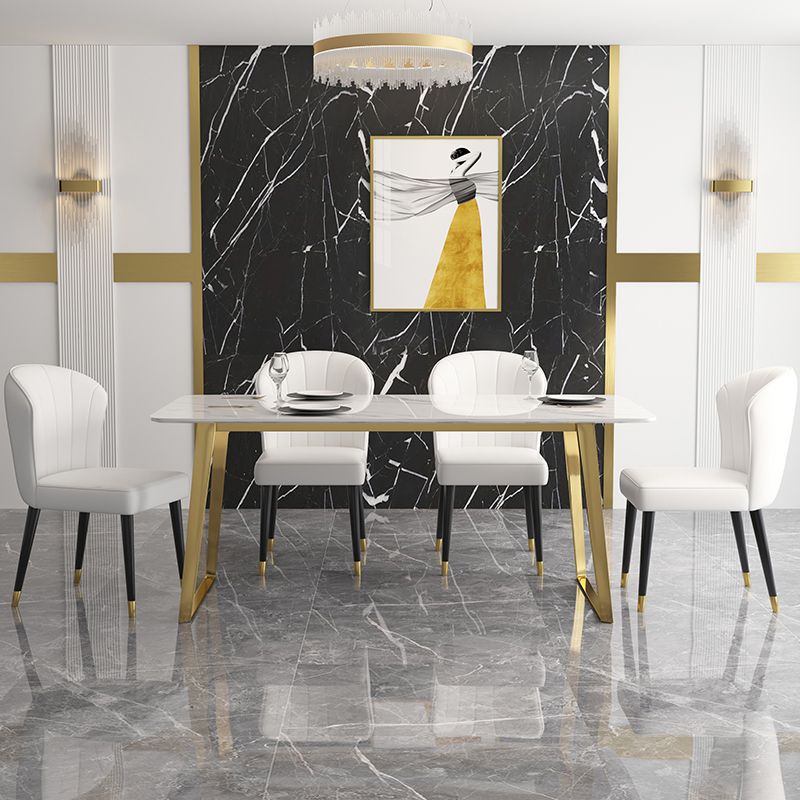 Traditional Luxury Rectangle Dining Table White Sintered Stone Table with Gold Double Pedestal