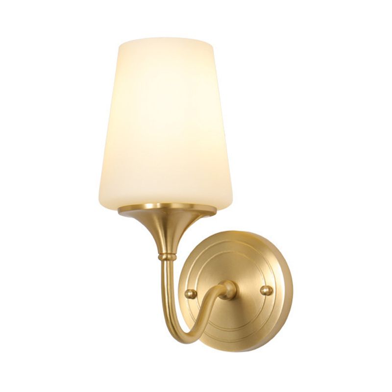 1/2-Bulb Cone Shade Wall Light Contemporary Style White Glass Wall Sconce Lighting in Brass for Bedroom