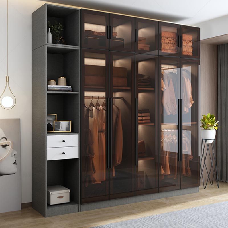 Modern Grey Wardrobe for Home Mirrored Finish Cabinet with Glass Door