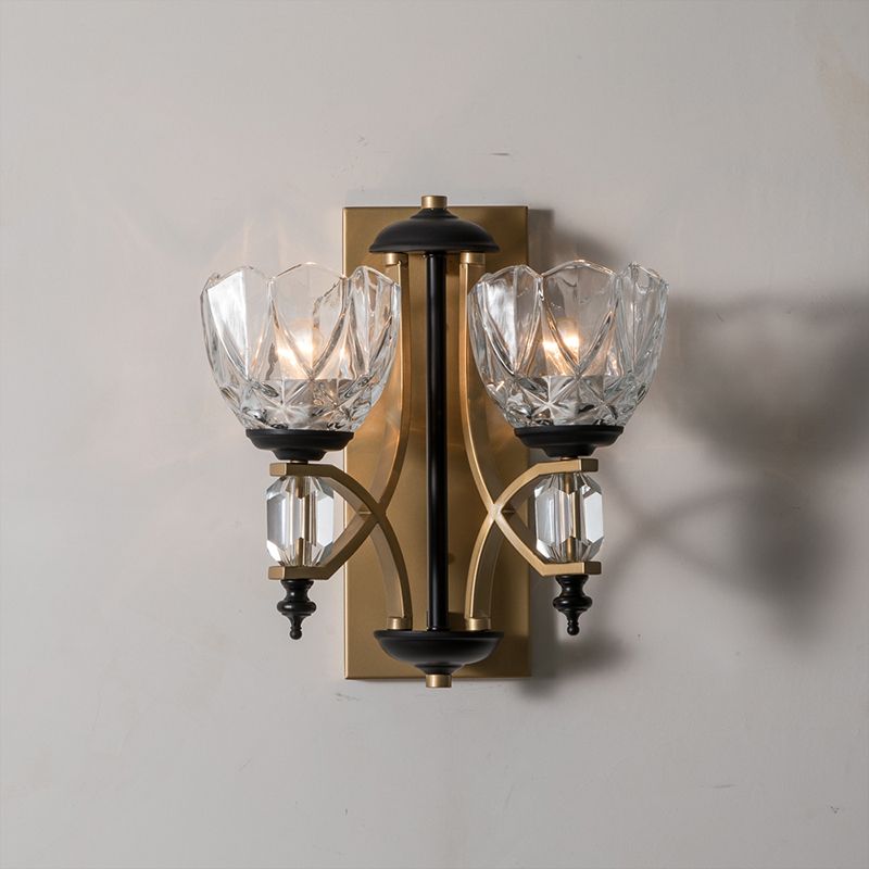 Clear Crystal Bowl Wall Light Sconce Vintage 2 Lights Wall Mounted Lamp in Gold Finish