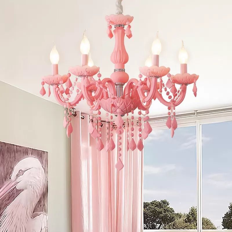Macaron Stylish Suspension Light with Crystal Deco Candle 6 Lights Metal Chandelier for Teen