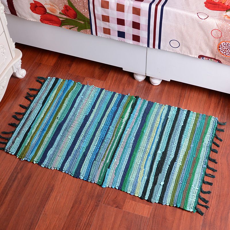 Multicolor Bedroom Rug Modern Striped Pattern Rug Cotton Anti-Slip Backing Washable Area Rug