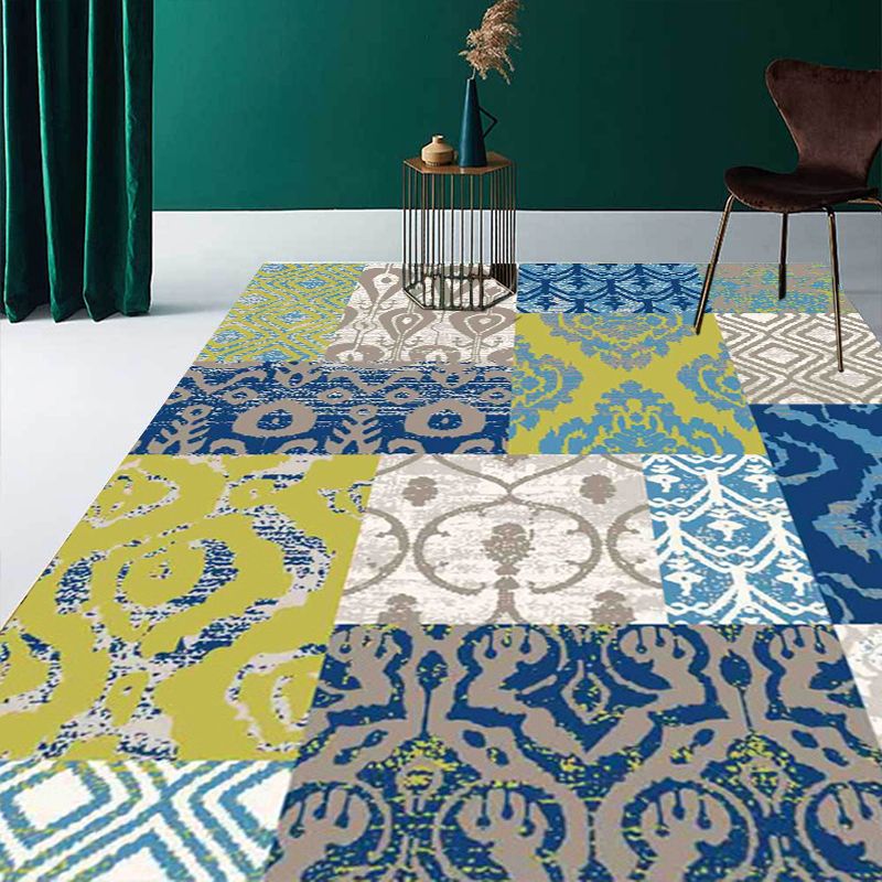 Vintage Tribal Pattern Rug Green and Blue Rug Polyester Washable Pet Friendly Anti-Slip Carpet for Living Room