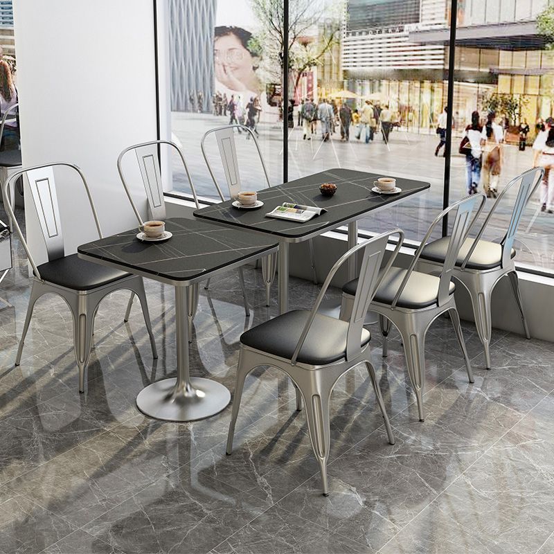 Mesa de comedor de piedra sinterizada de estilo industrial, mesa cuadrada y rectangular con base metálica para el hogar