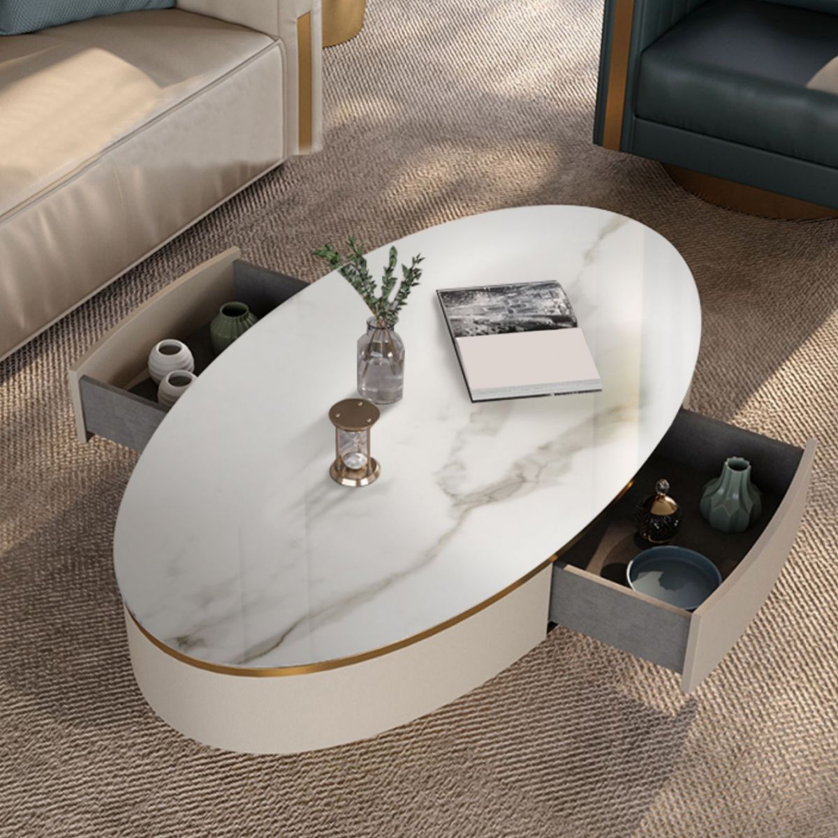 Glam Pedestal Base Coffee Table with Stone Top and Metal Base