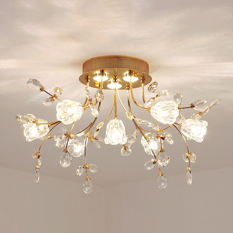 Contemporary Flower-Shaped Flush Light Crystal Flush Mount Ceiling Fixture in Gold