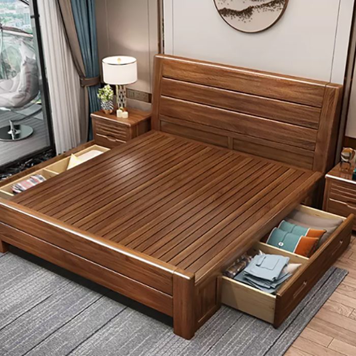 Mid-Century Modern Standard Bed Walnut Panel Bed with Headboard