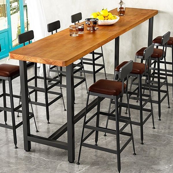 Metal Frame Industrial Bistro Table Brown Pine Wood Top Bar Table