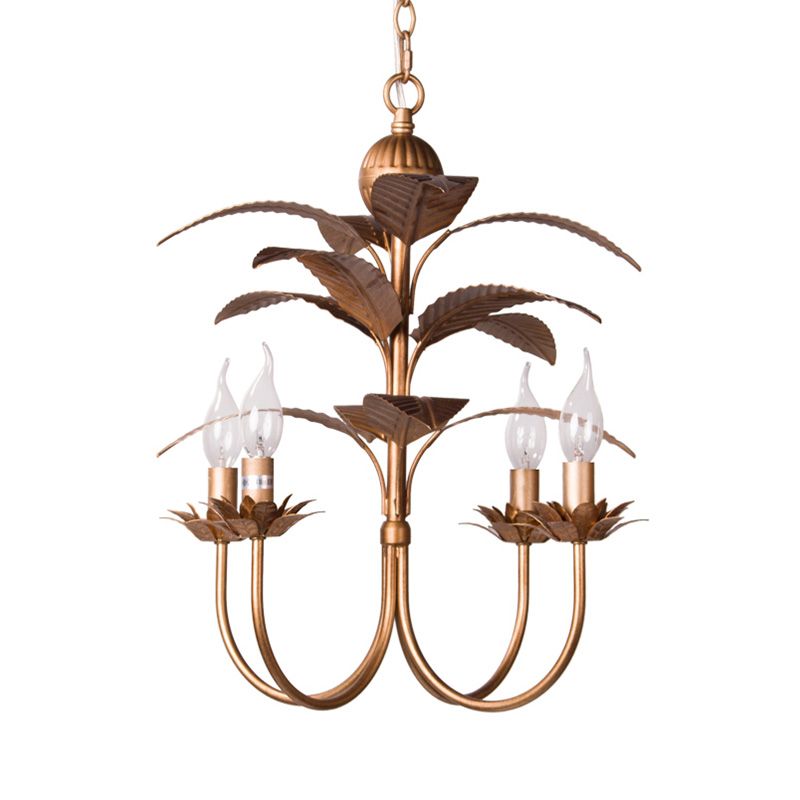 Spur Pendant Chandelier Traditional Metal 4 Bulbs Brass Hanging Ceiling Light with Leaves