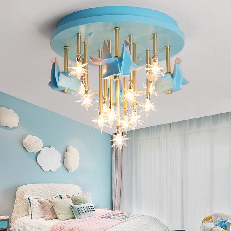 Resin Horse/Bird/Crane Ceiling Light Fixture Kids 13/16 Lights Blue/Pink Flush Mount Lighting with Clear Glass Shade