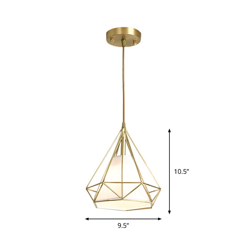Messing diamant kooi hanglampverlichting eenvoud 1 hoofd metalen plafond suspensielampje met binnenste vlasstoffen schaduw