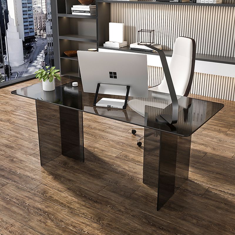 Glass Contemporary Rectangular Dining Table Clear Glass Table with Double Pedestal