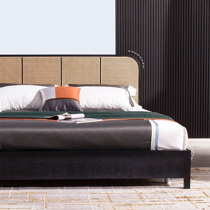 Tropical Style Ash Bed Frame Espresso Rattan Headboard Panel Bed with Mattress