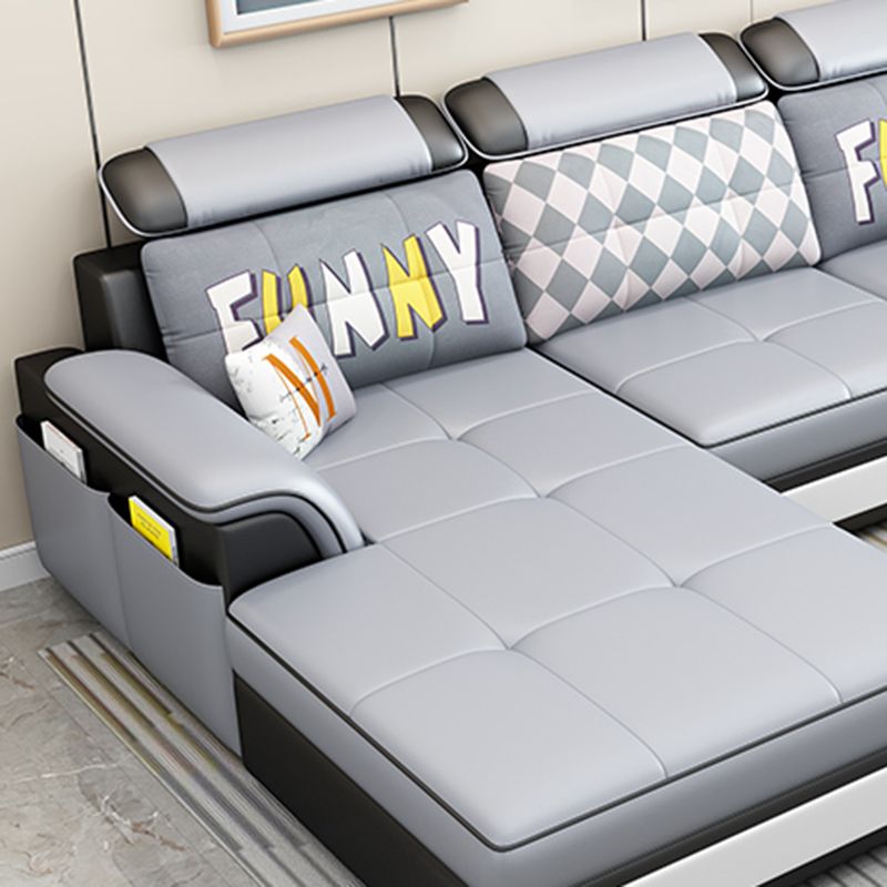 Scandinavian Faux Leather Sectional Sofas Grey L-Shape Modular Sleeper Sectional