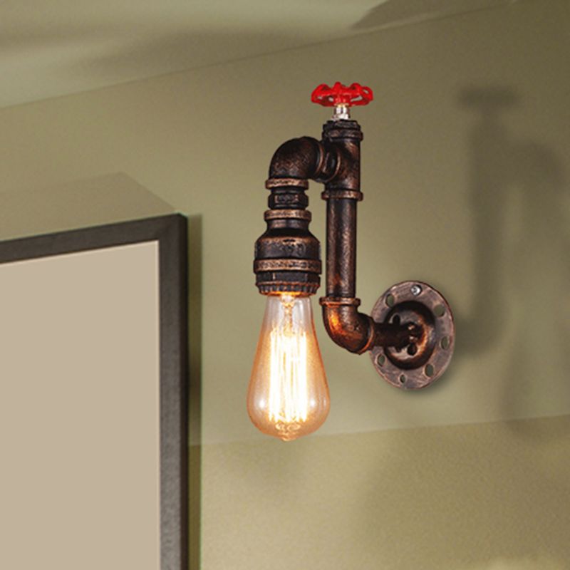Rustic Style Piped Wall Sconce with Valve Wheel 1 Bulb Wrought Iron Wall Mounted Light in Bronze