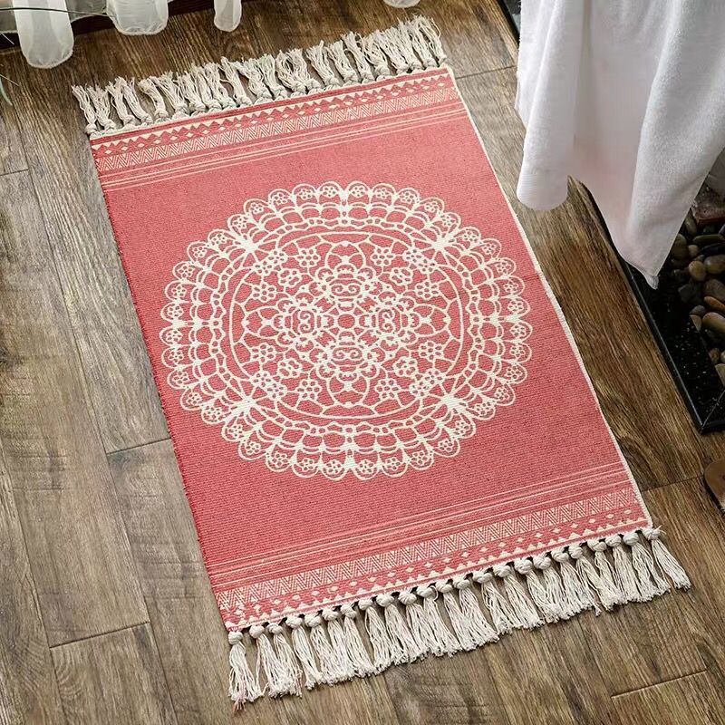 Multi Color Bedroom Rug Funky Geometric Carpet Cotton Machine Washable Pet Friendly Rug with Tassel