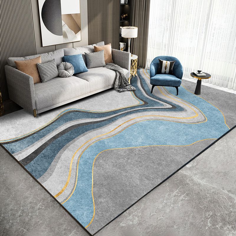 Blue Tone Modern Indoor Rug Polyester Abstract Print Carpet Non-Slip Backing Rug for Home Decoration