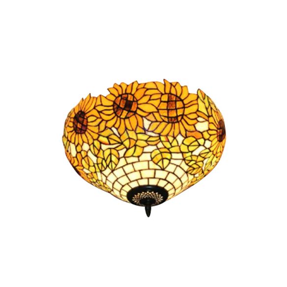 Sunflower Pattern Ceiling Light Fixture Tiffany Stained Glass 2 Lights Flushmount Light for Dining Room