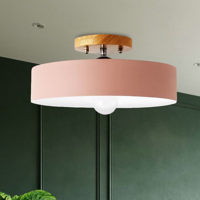 Drum Semi Mount Lighting Modernist Metal 1 Light 12" W Gray/White/Red/Pink Ceiling Mounted Fixture for Living Room