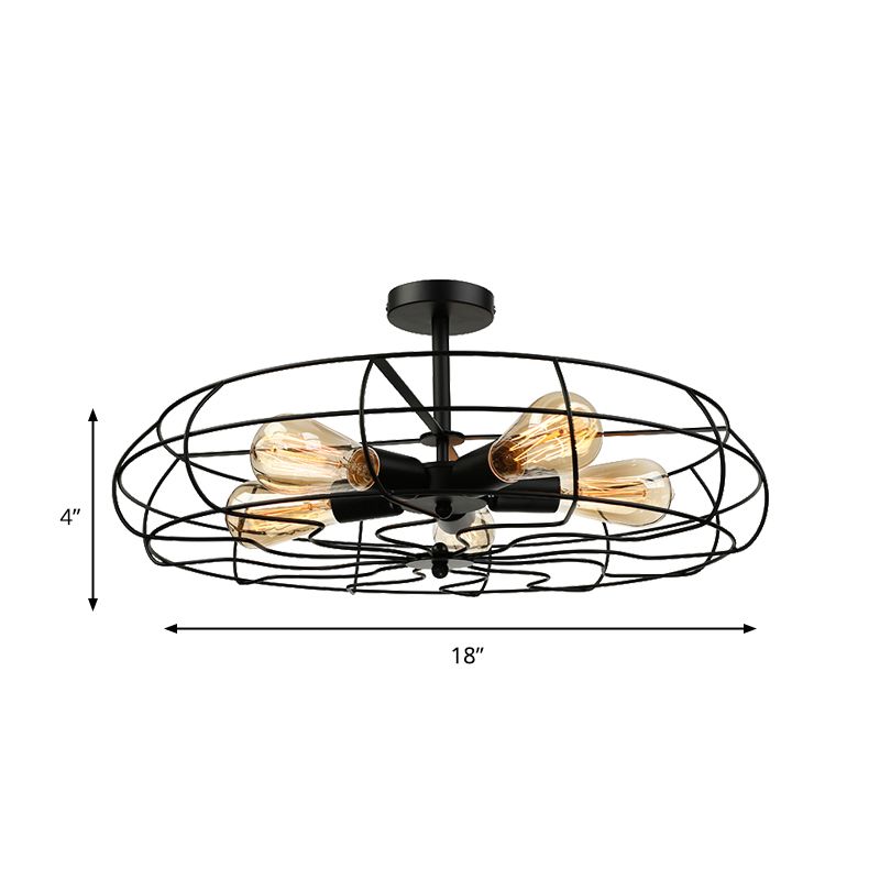 Fan Shaped Iron Ceiling Light with Wire Cage Shade Vintage 5 Lights Living Room Semi Flush Mount Light in Rust/Black