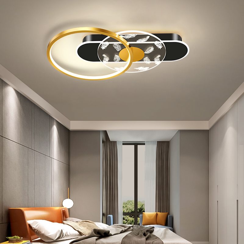 Black and Gold LED Semi Flush Mount in Modern Concise Style Circular Feather Ceiling Light with Acrylic Shade