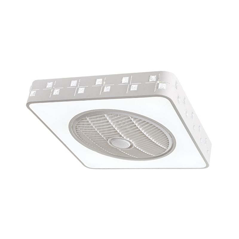 Square Embellished Crystal Hanging Fan Lamp Contemporary 21.5" Width LED Bedroom Semi Flush Light in White