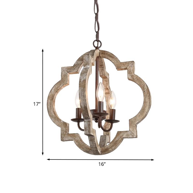 4 Lights Candle-Style Ceiling Chandelier Countryside Beige Wood Pendant Lamp with Globe Cage