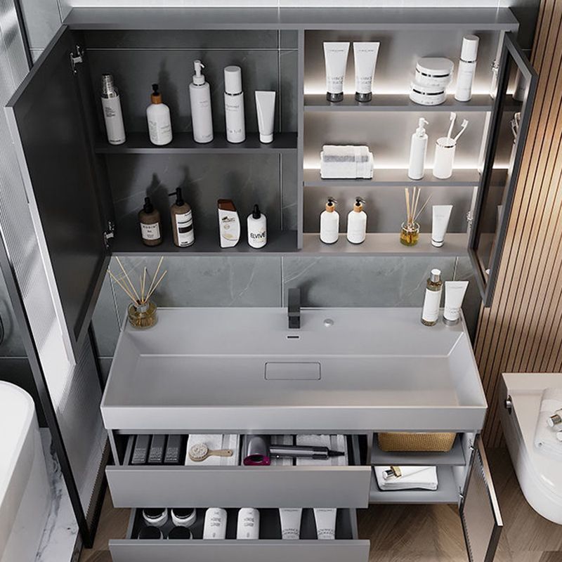 Drawers Bathroom Vanity Metal Single Sink Grey Rectangle Wall Mount Vanity Set with Mirror