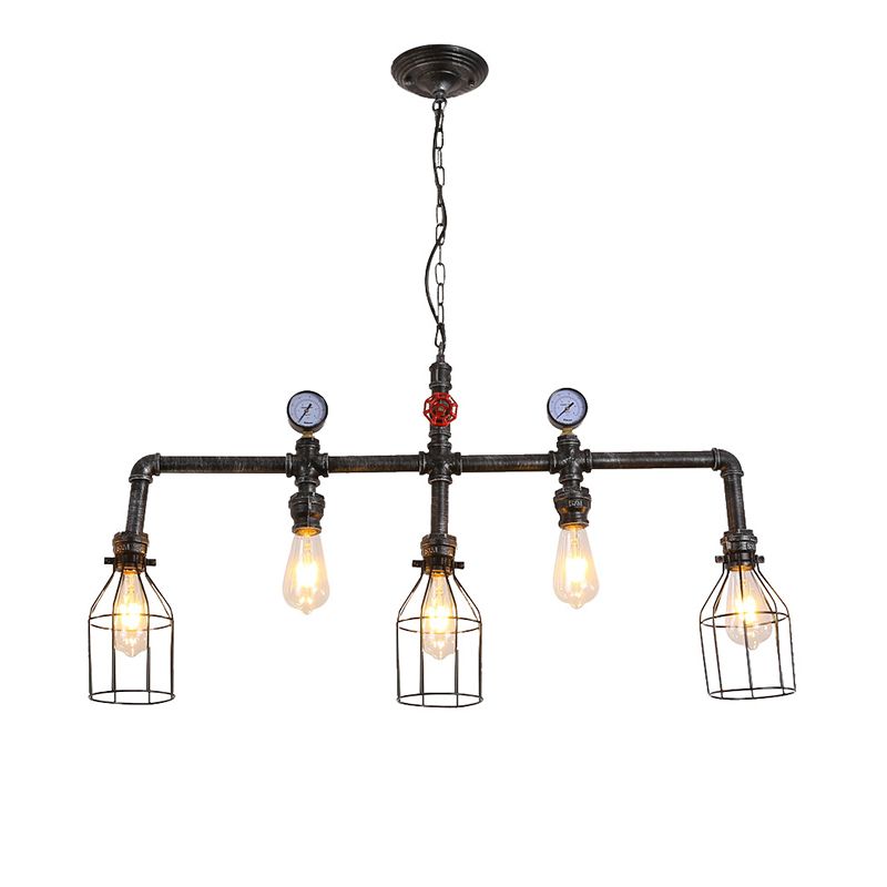 Pipe and Gauge Metal Island Lighting Industrial 5 Lights Restaurant Suspension Light with Cage in Black