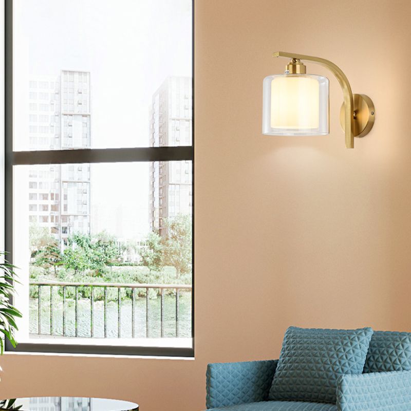 Modern Style Cylinder Shape Wall Light Glass 1 Light Sconces in Gold for Bedroom