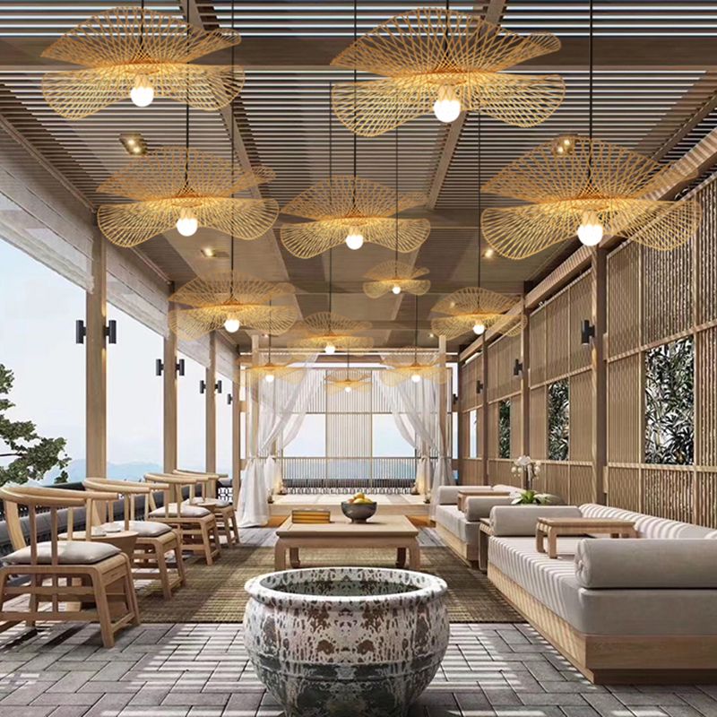 Nordic-Stil Suspension Pendellicht leichter beige schattiertes Anhänger Deckenlicht mit Bambusschatten