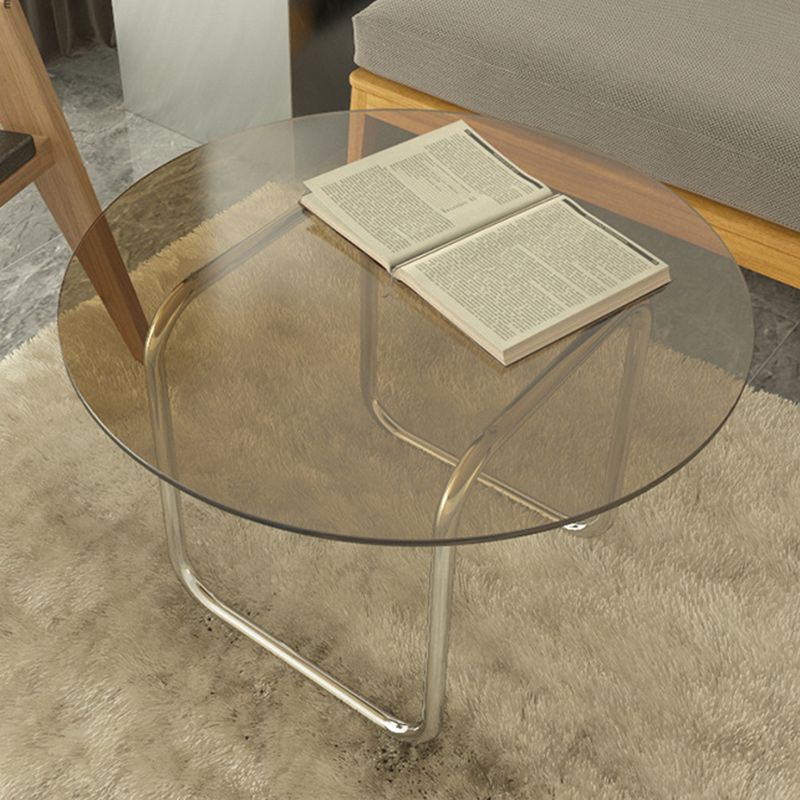 Modern Round Glass Coffee Table with Stainsteel Sled Stainless Steel Base