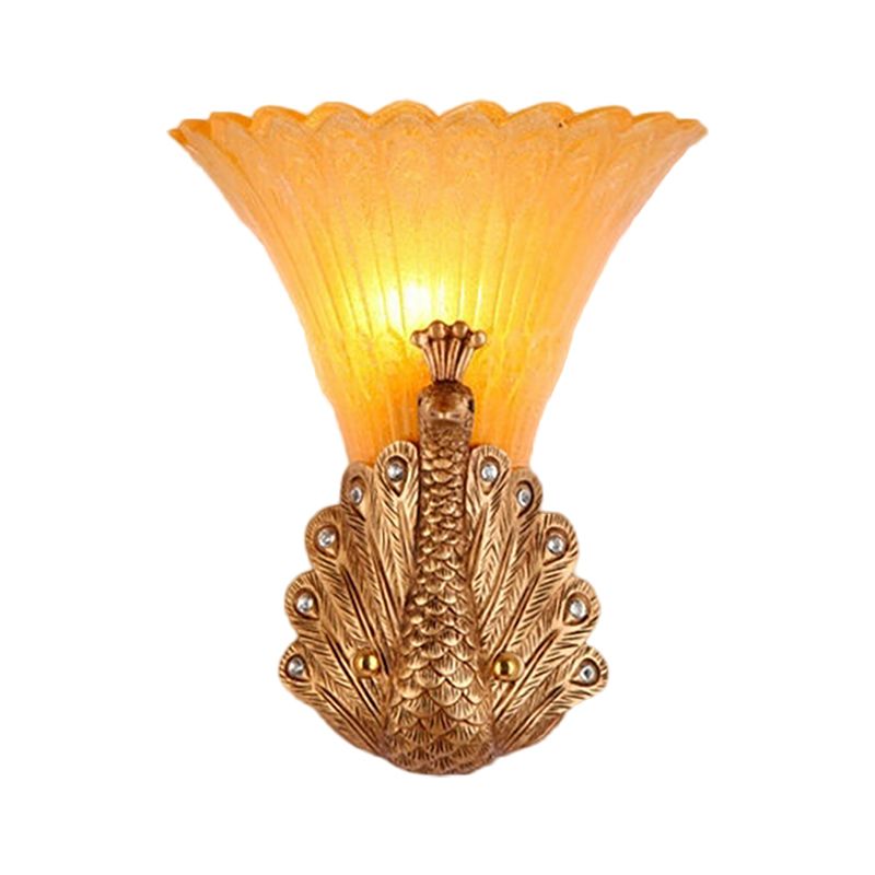 1 Light Peacock Wall Mount Lamp Rustic Style Red/Gold Finish Resin Wall Light with Orange Glass Scalloped Shade, 9.5"/13" W