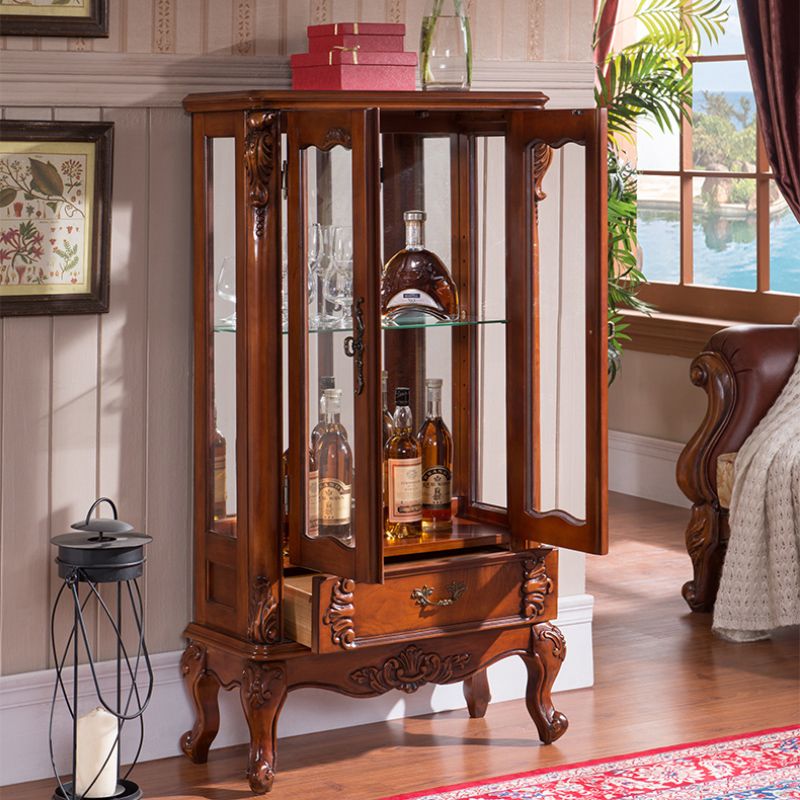 Traditional Rubberwood Display Stand Glass Doors Display Cabinet for Living Room